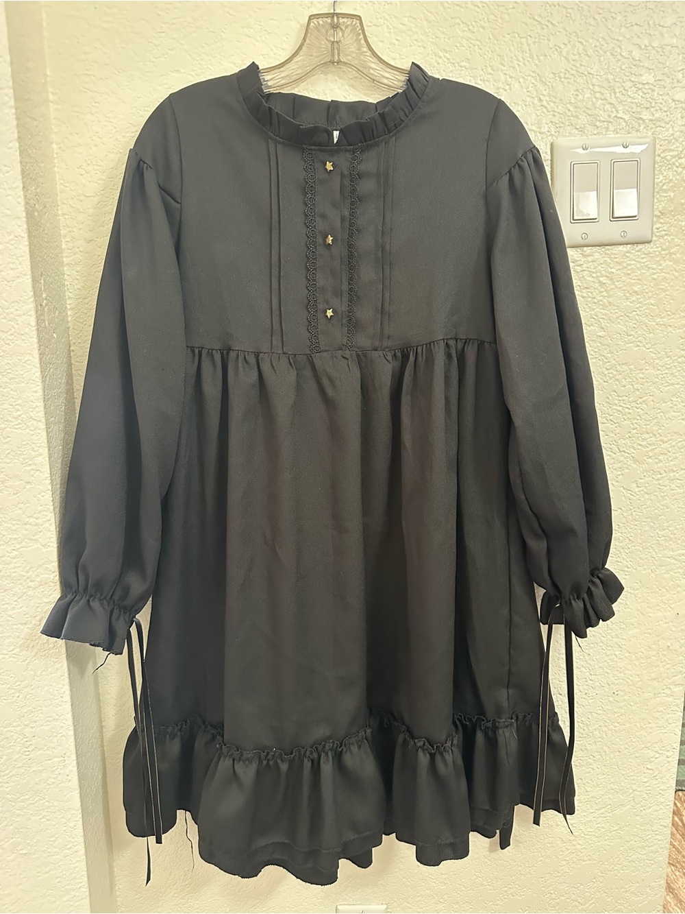 Black Ruffle-Yoke Long Sleeve Dress